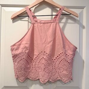 Abercrombie & Fitch L Scalloped Eyelet Halter Tie Cropped Tank 100% Cotton Lined